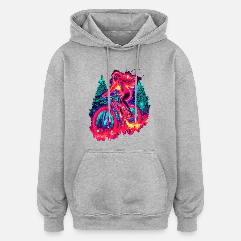Synthwave Mountainbike Mädchen Waldfahrt - Oversized Unisex Hoodie - Grau meliert