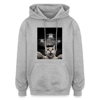 Selfie de chats drôles devant des OVNIS chat OVNI - Sweat à capuche oversize unisexe - gris chiné - Devant - Noah (186cm)
