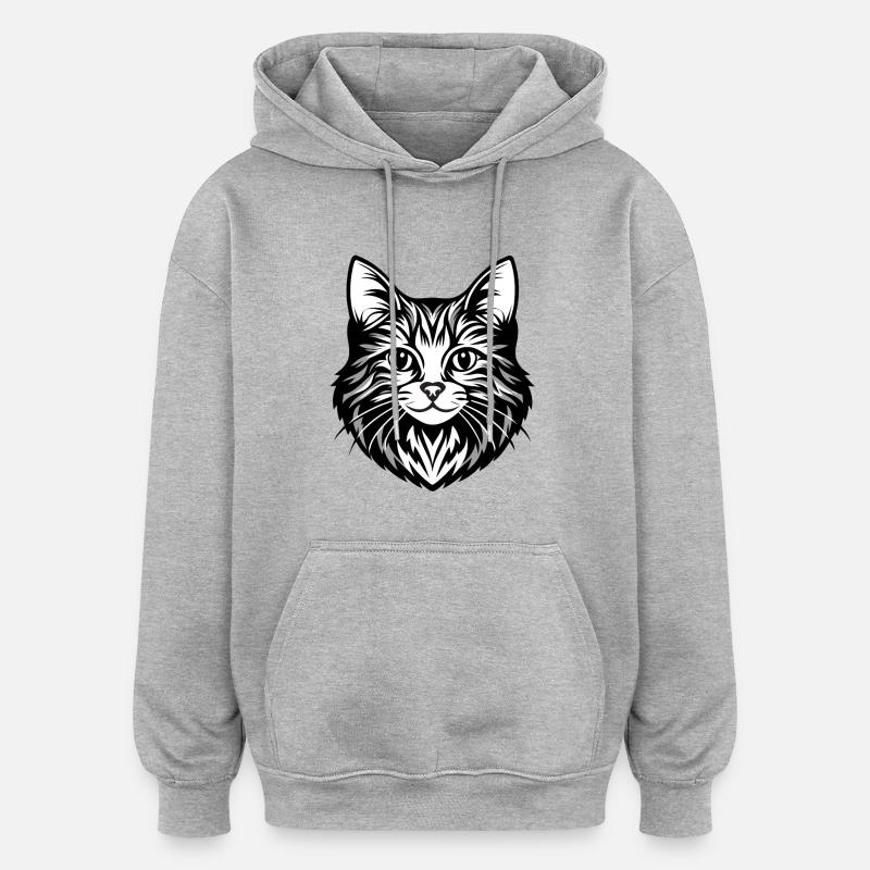 Illustration complexe de visage de chat - Sweat à capuche oversize unisexe - gris chiné