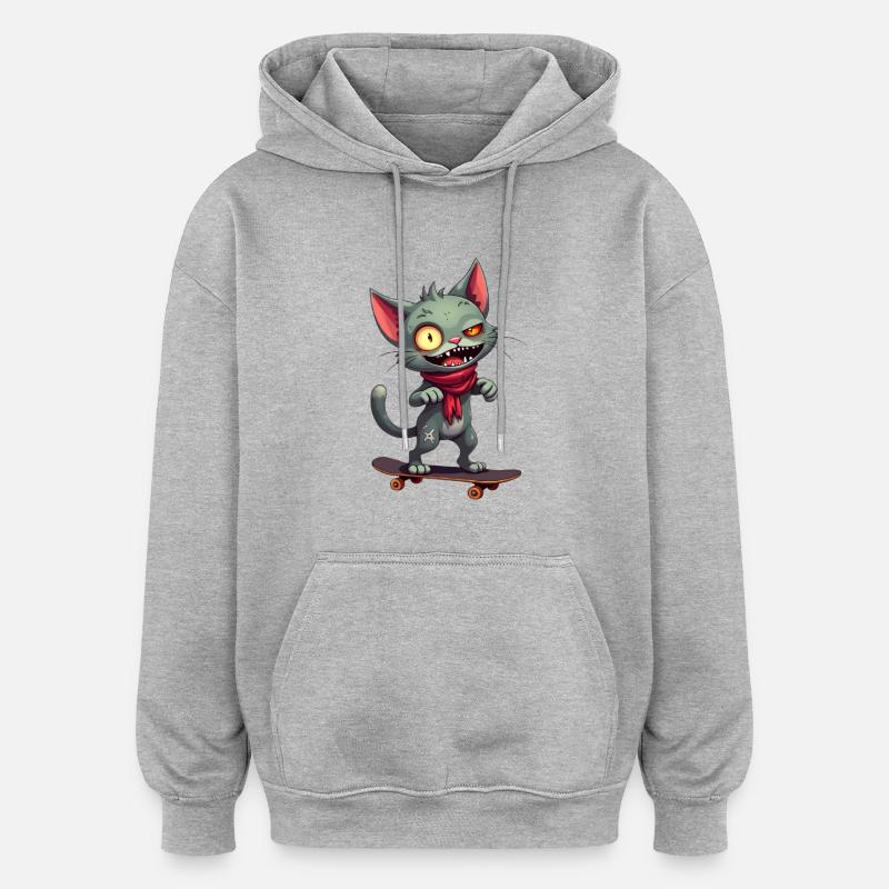 Chat effrayant en skateboard - Sweat à capuche oversize unisexe - gris chiné