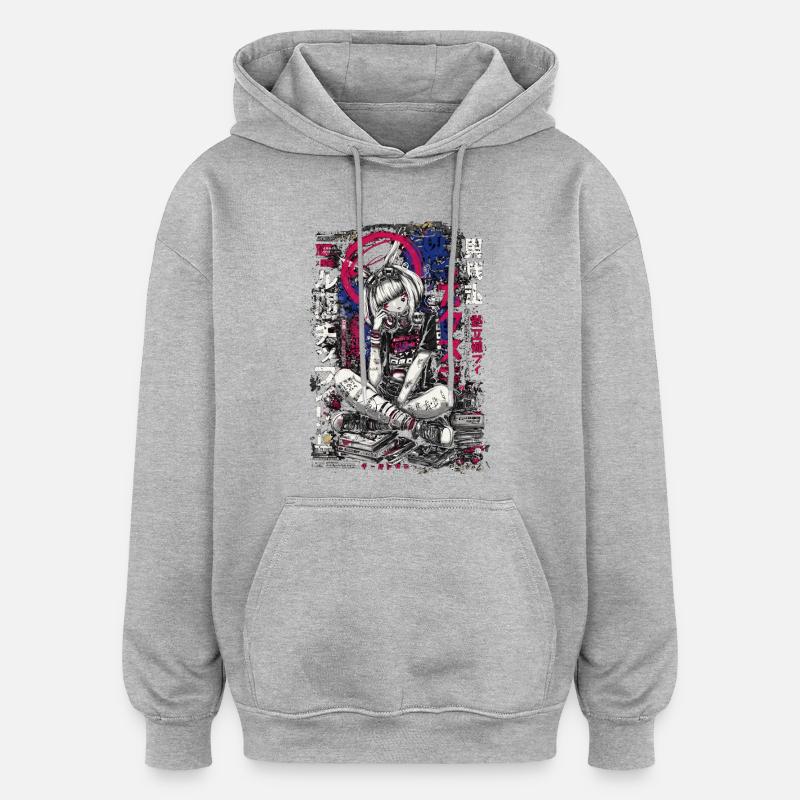 Fille cyberpunk avec un design graffiti - Sweat à capuche oversize unisexe - gris chiné