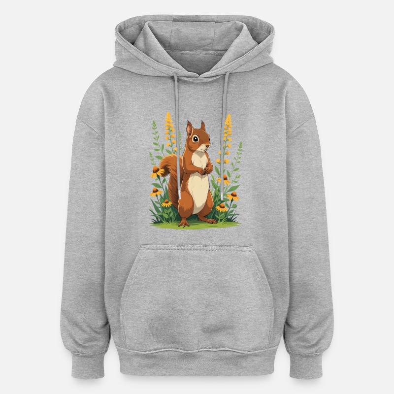 Charmant écureuil avec couronne de fleurs - Sweat à capuche oversize unisexe - gris chiné