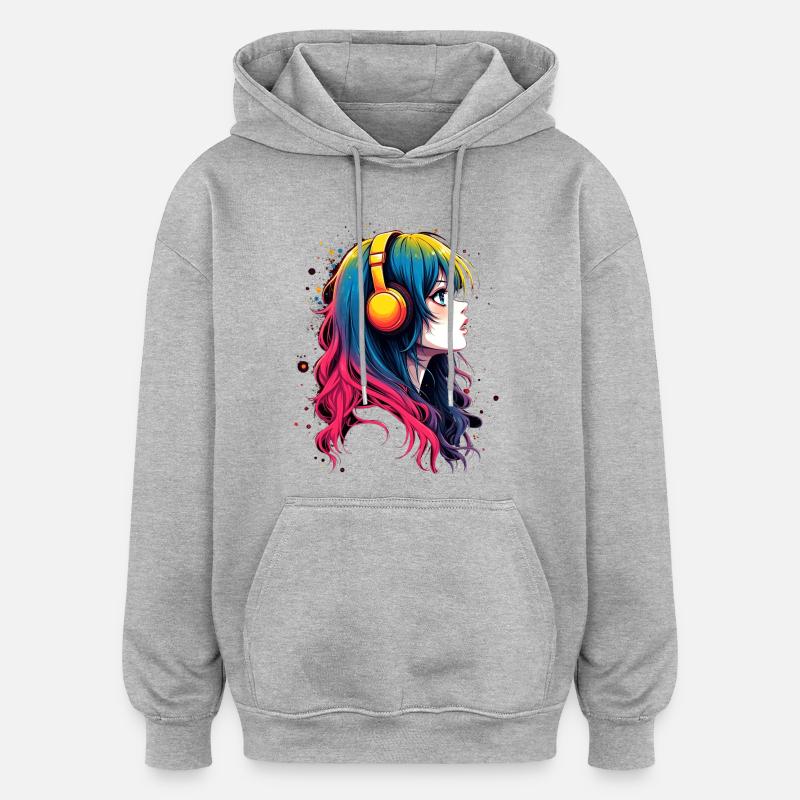 Farbiger Anime-Charakter mit Kopfhörer - Oversized Unisex Hoodie - Grau meliert