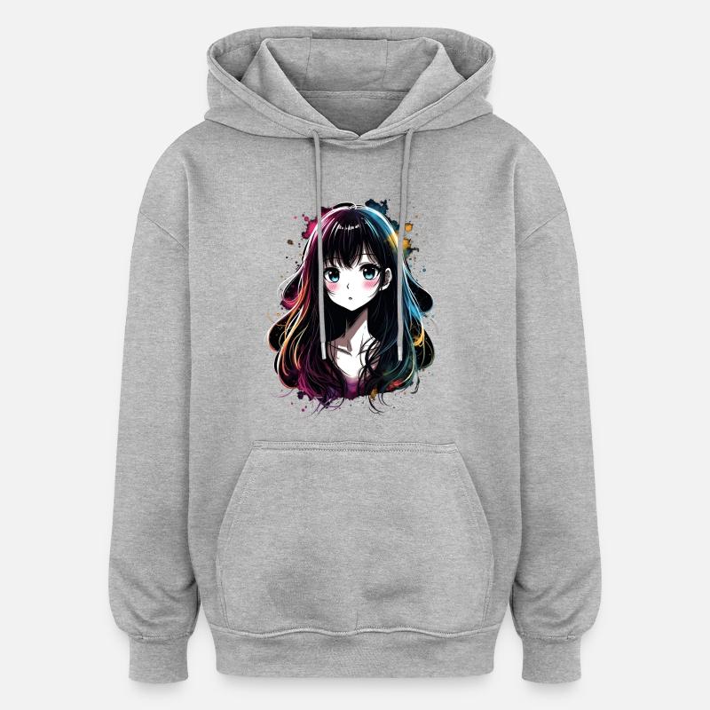 Anime Mädchen mit buntem Farbverlauf - Oversized Unisex Hoodie - Grau meliert