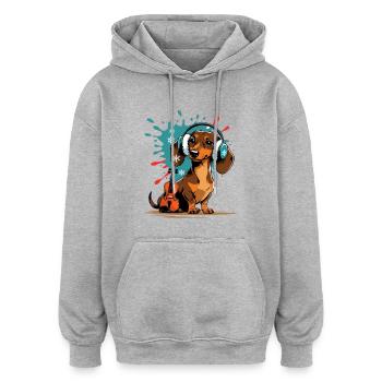 Teckel de musique d’hiver avec casque - Sweat à capuche oversize unisexe - gris chiné - Devant - Noah (186cm)