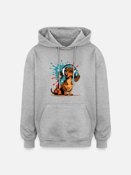 Wintermusik-Dackel mit Kopfhörern - Oversized Unisex Hoodie - Grau meliert