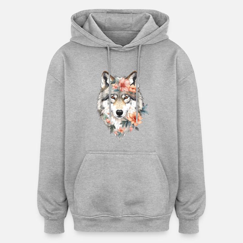 Portrait de loup fleur - Sweat à capuche oversize unisexe - gris chiné