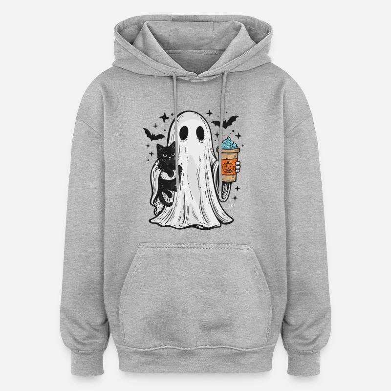 Fantôme d’Halloween avec chat et café - Sweat à capuche oversize unisexe - gris chiné