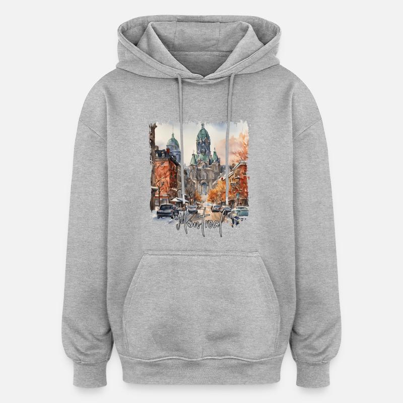 Montréal Aquarelle, Montréal Canada - Sweat à capuche oversize unisexe - gris chiné