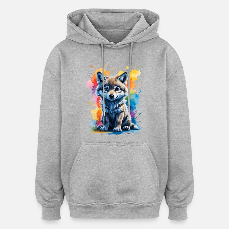 Aquarell-Wolfswelpe im Farbsplash - Oversized Unisex Hoodie - Grau meliert