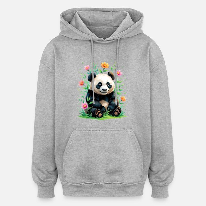 Panda im Blütenwald - Oversized Unisex Hoodie - Grau meliert