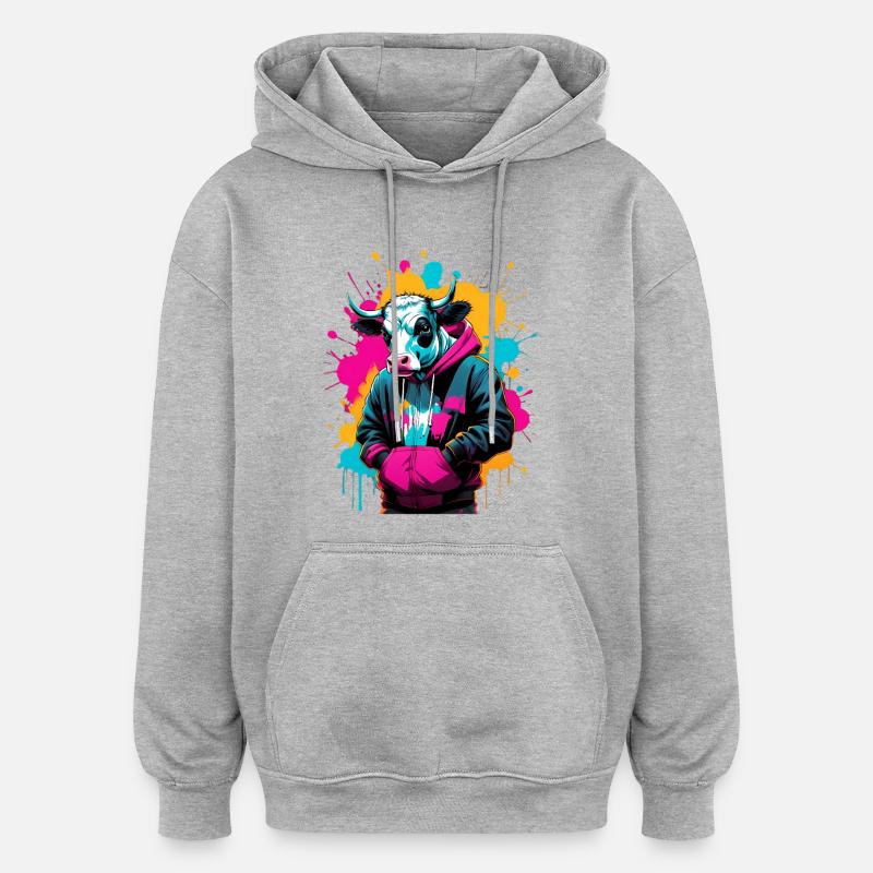 Vache graffiti en sweat à capuche - Sweat à capuche oversize unisexe - gris chiné