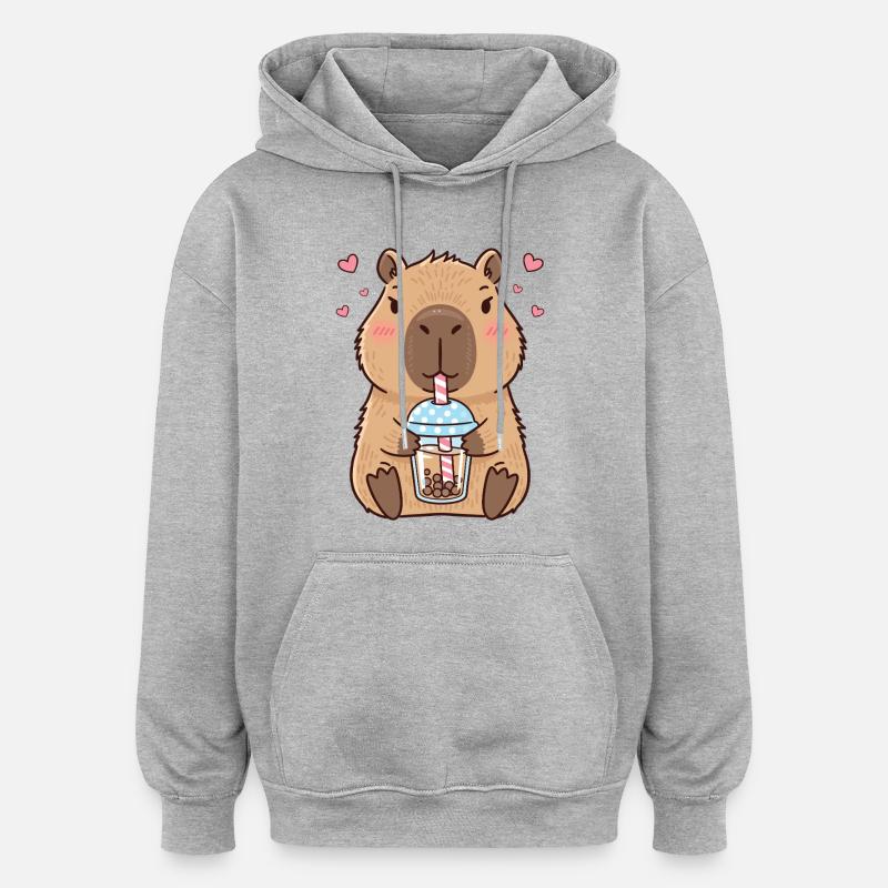 Capybara Bubble Tea Kawaii - Sweat à capuche oversize unisexe - gris chiné