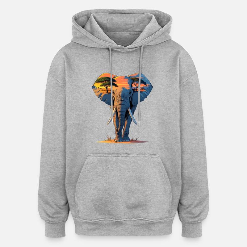 Silhouette d’éléphant au coucher du soleil - Sweat à capuche oversize unisexe - gris chiné
