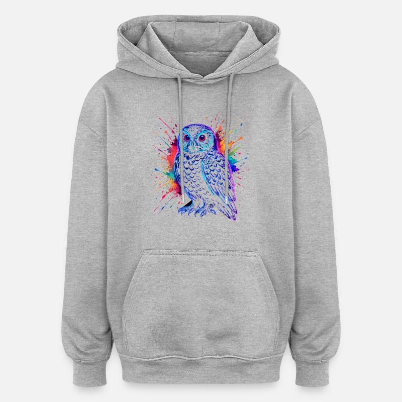 Neon Eule Farb-Splash Kunst Shirt - Oversized Unisex Hoodie - Grau meliert