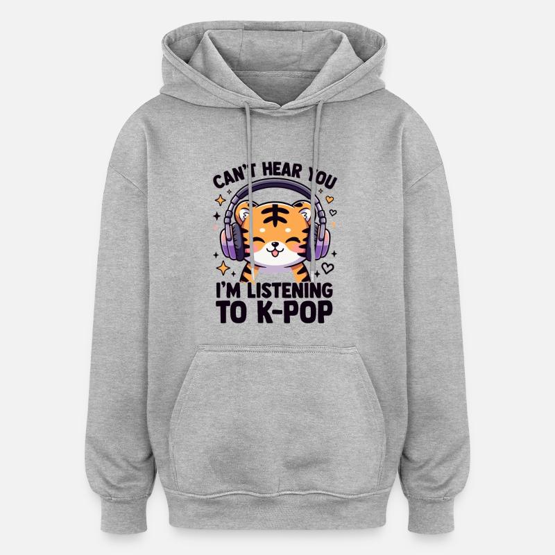 Kawaii K-Pop Tiger avec casque - Sweat à capuche oversize unisexe - gris chiné