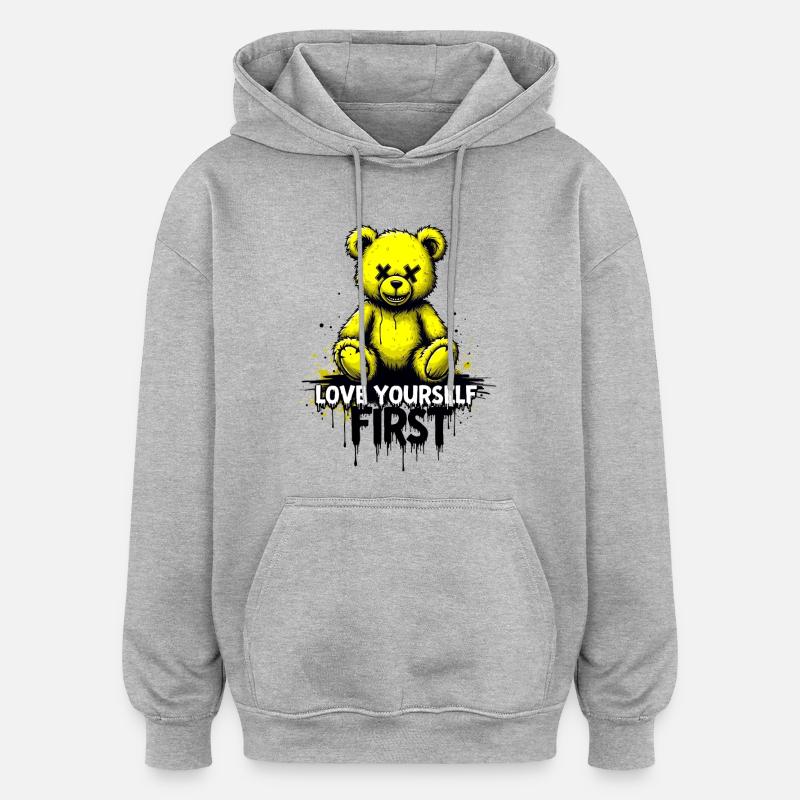 Love Yourself First Teddybär Graffiti - Oversized Unisex Hoodie - Grau meliert