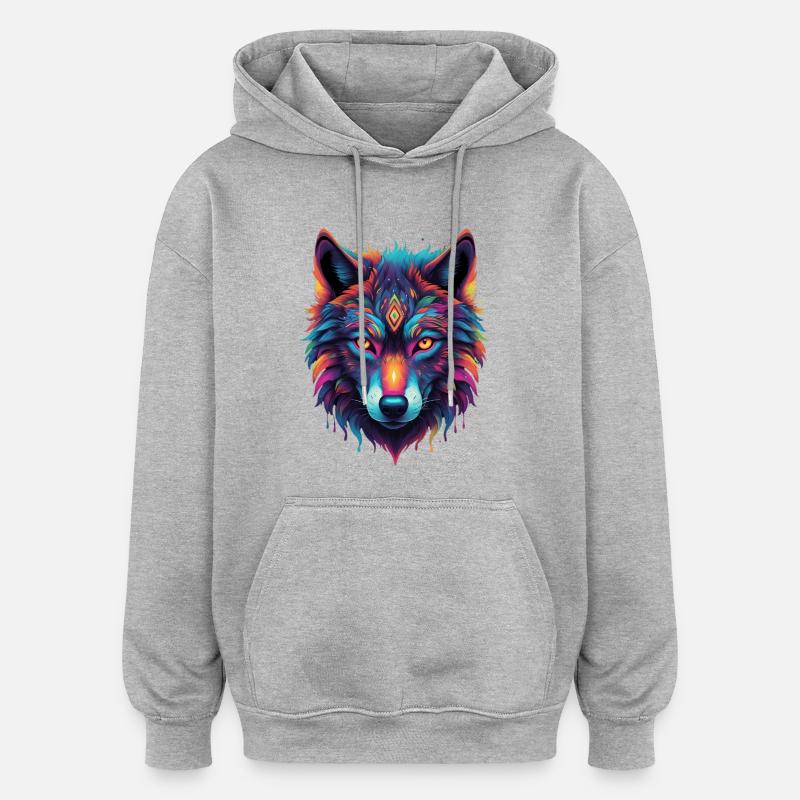 Neon-Wolf Kernmotiv Farbexplosion - Oversized Unisex Hoodie - Grau meliert
