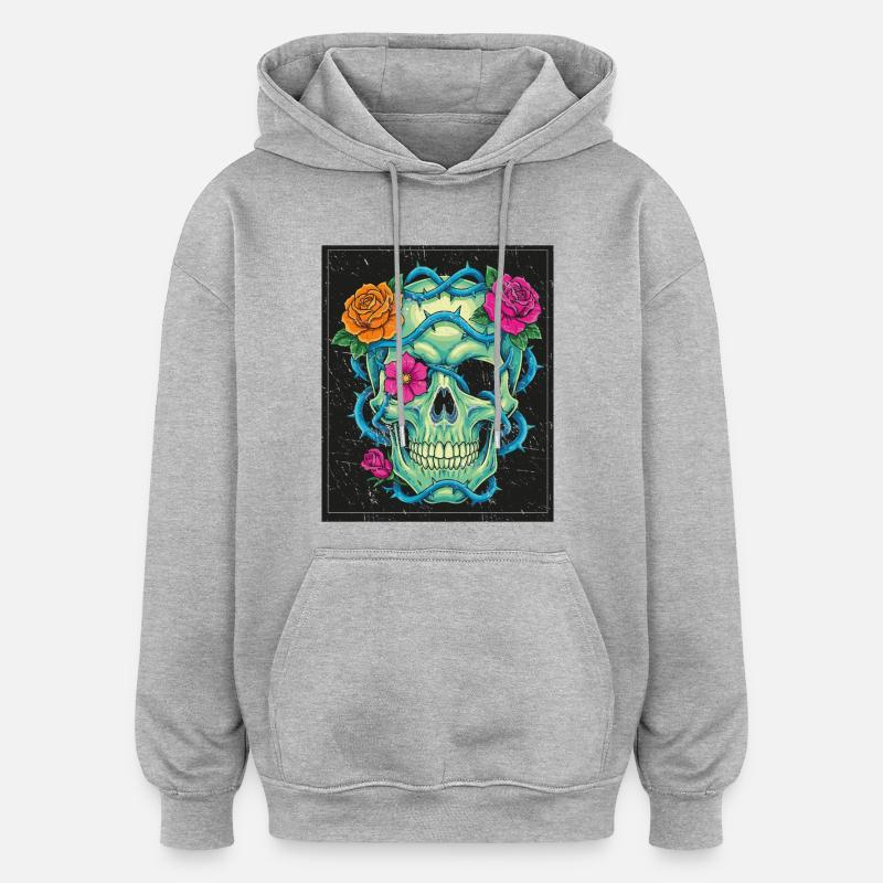 mode street skull - Crâne floral - Sweat à capuche oversize unisexe - gris chiné