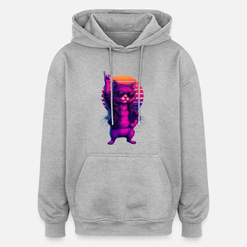 Synthwave Kater Katze Retro Sonnenuntergang - Oversized Unisex Hoodie - Grau meliert