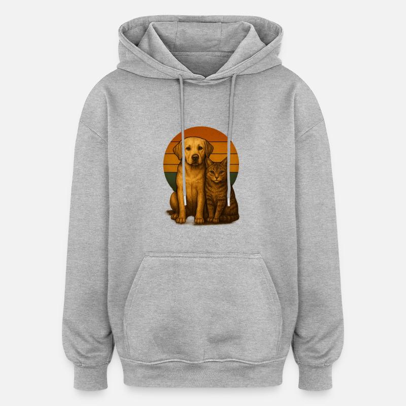 Labrador et chat - Sweat à capuche oversize unisexe - gris chiné