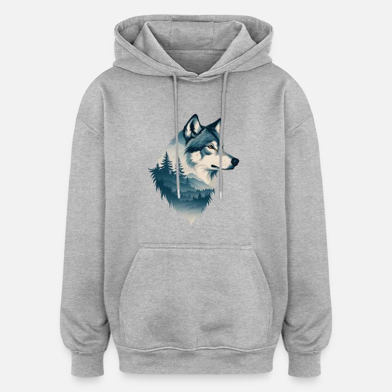 Loup bleu dans la forêt - Sweat à capuche oversize unisexe - gris chiné