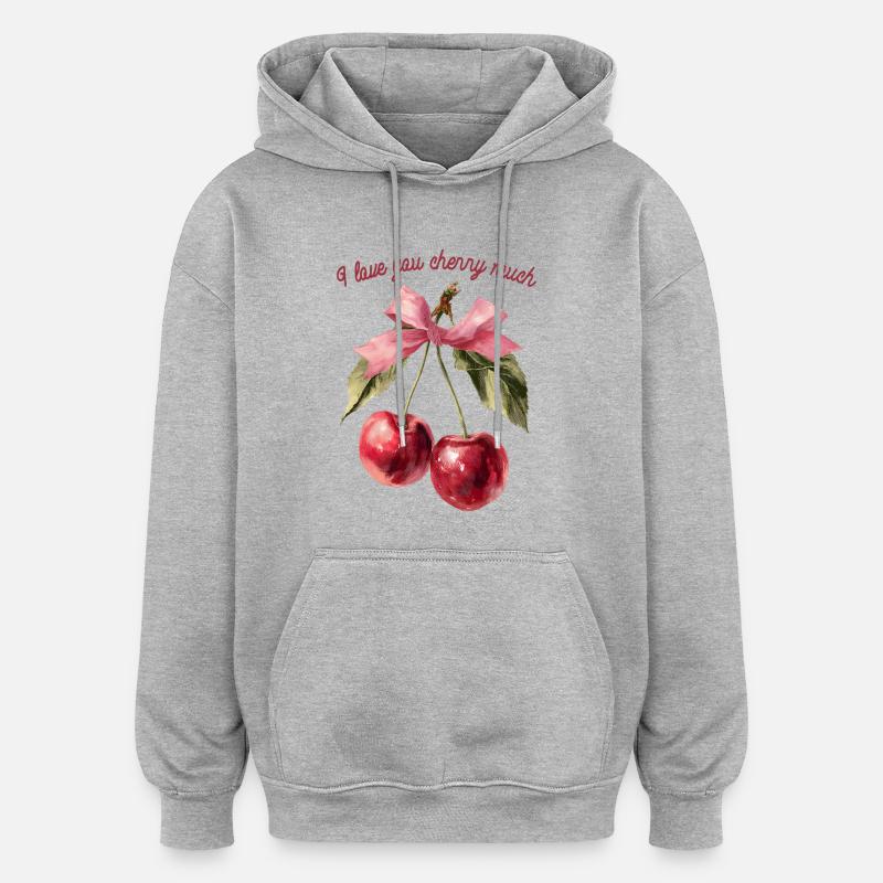 Cerises avec ruban | Saint-Valentin - Amour - Sweat à capuche oversize unisexe - gris chiné