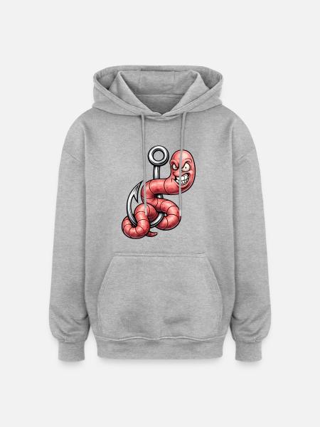 Angry Worm on the Hook – Cartoon Design - Oversized Unisex Hoodie - heather grey