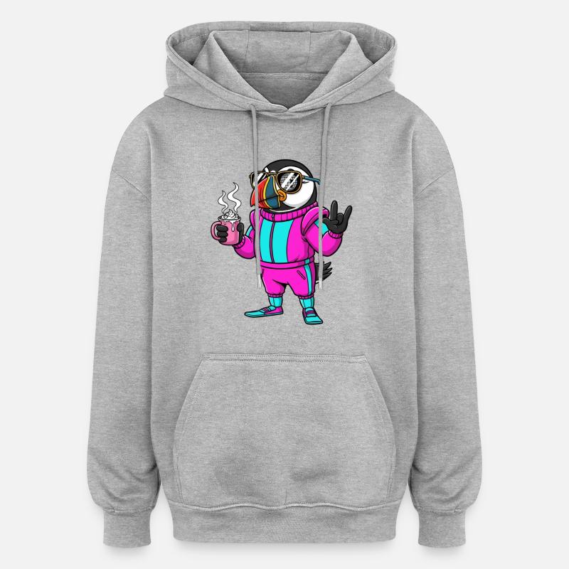 Stylischer Vogel im Ski-Overall mit Kaffee - Oversized Unisex Hoodie - Grau meliert