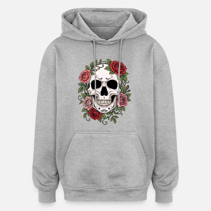 Skull & Red Roses, Gothic, Skull, Rock - Oversized Unisex Hoodie - Grau meliert