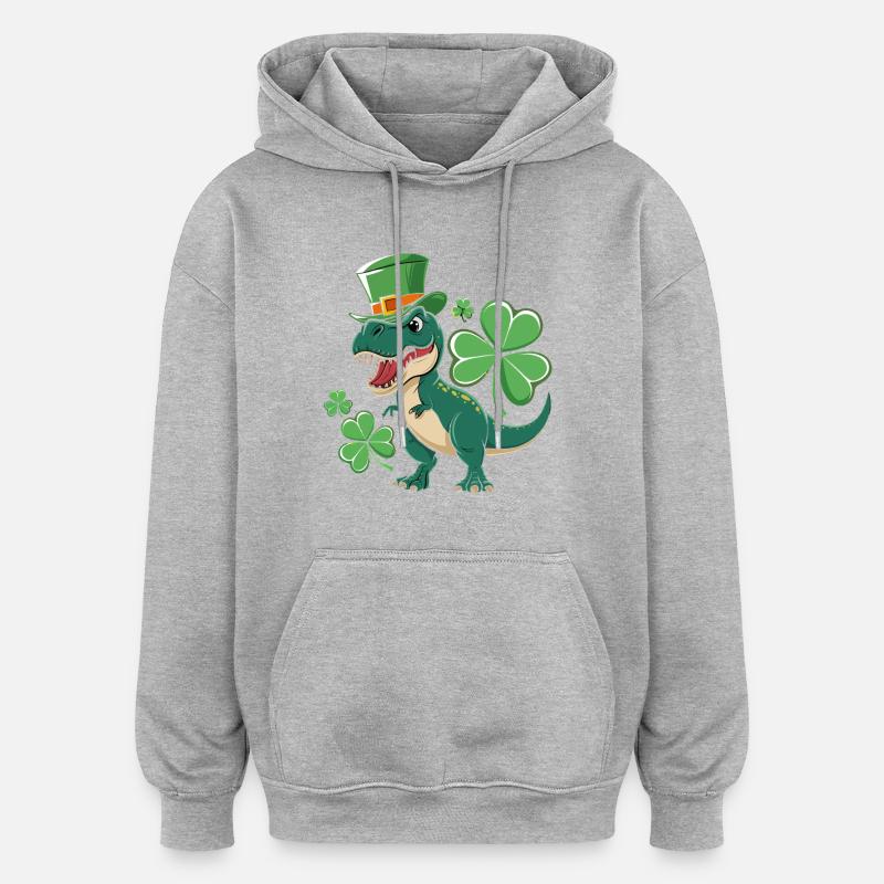 Dino vert avec chapeau de trèfle - Sweat à capuche oversize unisexe - gris chiné