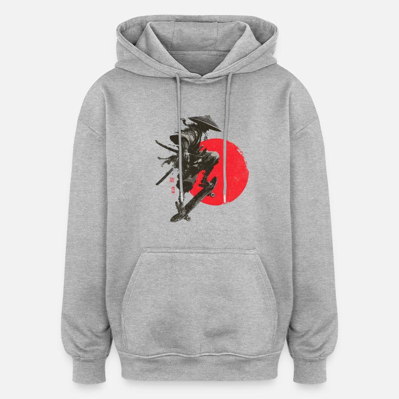 Silhouette eines Samurai-Skaters mit roter Sonne - Oversized Unisex Hoodie - Grau meliert