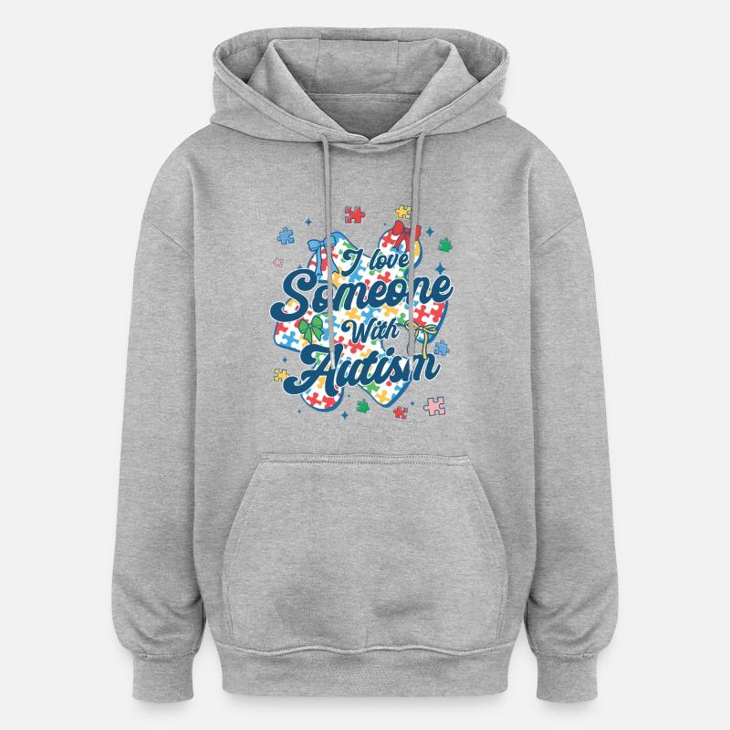 À damier j’aime quelqu’un autiste - Sweat à capuche oversize unisexe - gris chiné