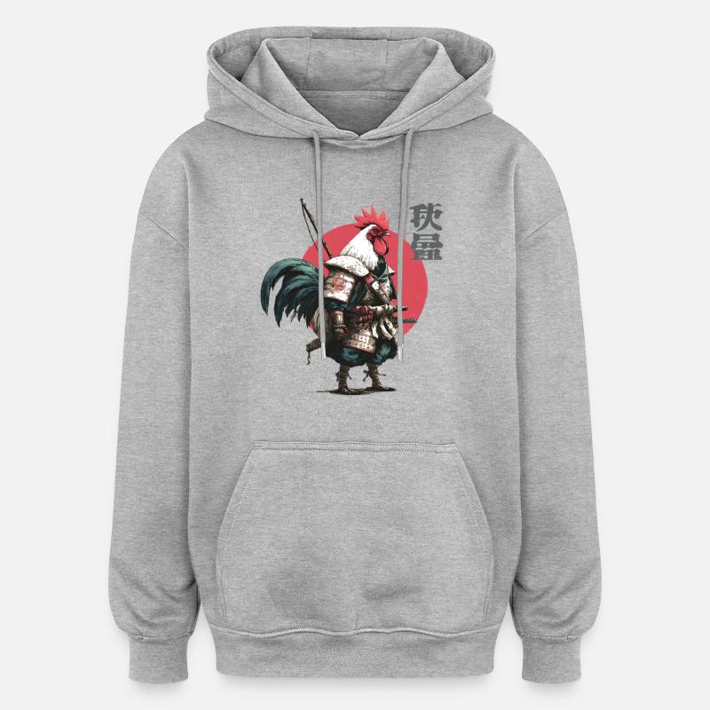 Rooster Samurai in Crimson Circle - Oversized Unisex Hoodie - heather grey