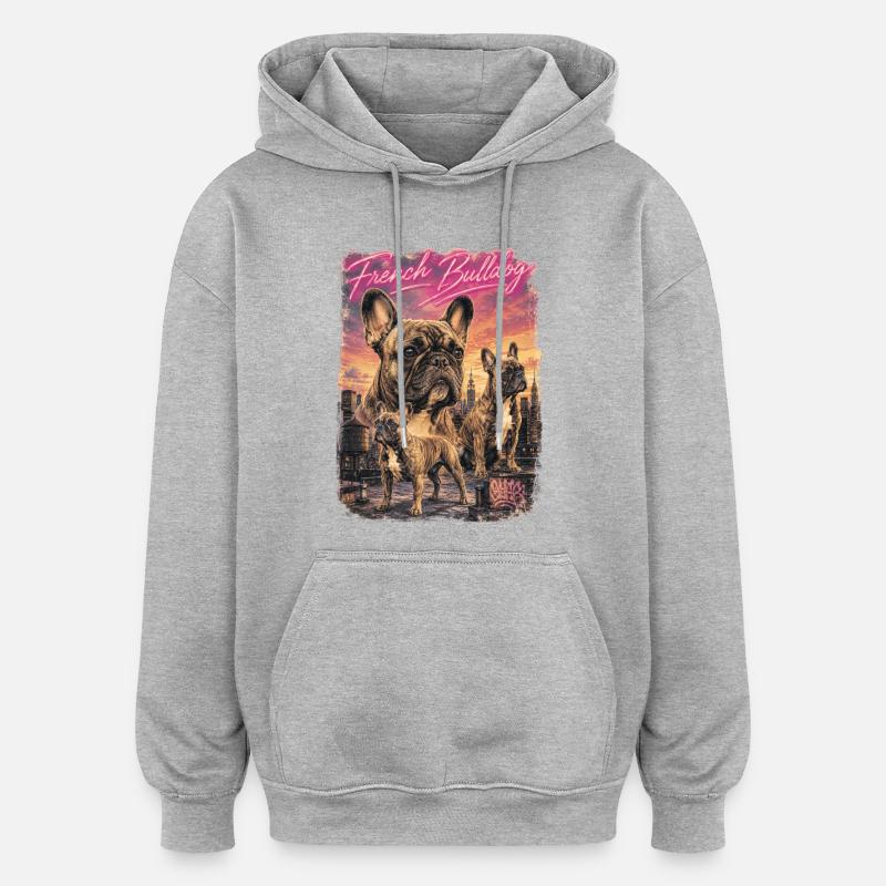 Bouledogue français Rétro Dog - Sweat à capuche oversize unisexe - gris chiné