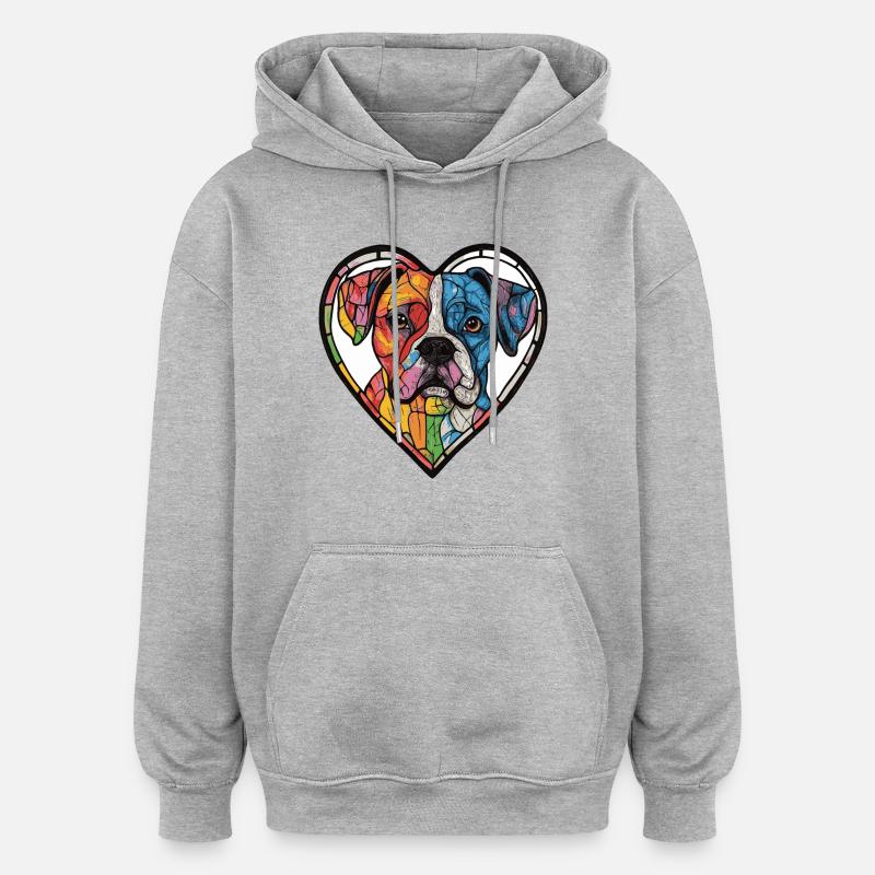 Boxer Chien Coeur Amour - Sweat à capuche oversize unisexe - gris chiné