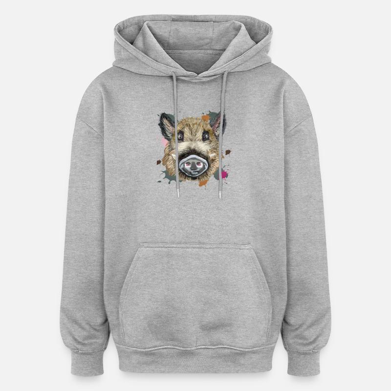 Illustration sauvage de tête - Sweat à capuche oversize unisexe - gris chiné