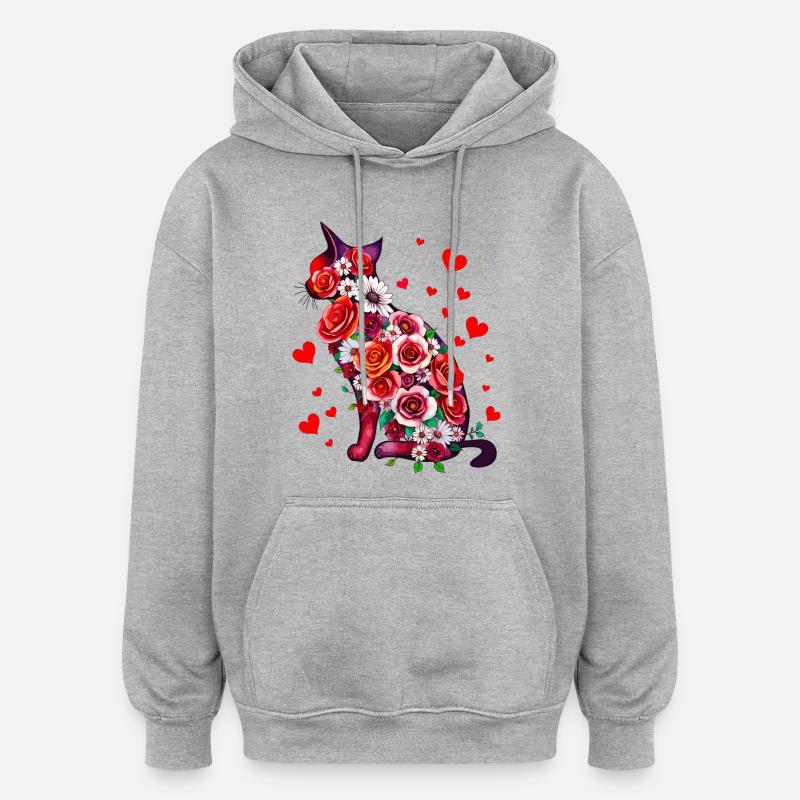 Fleurs Chat - Sweat à capuche oversize unisexe - gris chiné