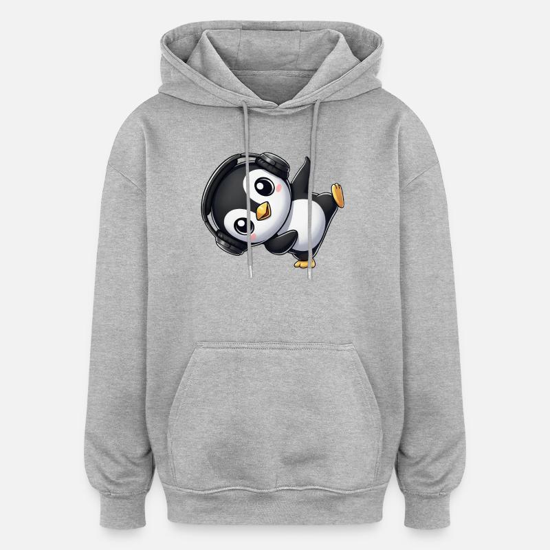 Lustiger Pinguin tanzt Breakdance mit Kopfhörer - Oversized Unisex Hoodie - Grau meliert