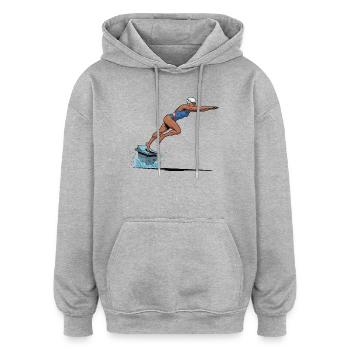 Svømmerhoppe på surfbræt - Oversize unisex hoodie - grå meleret - Foran - Noah (186cm)