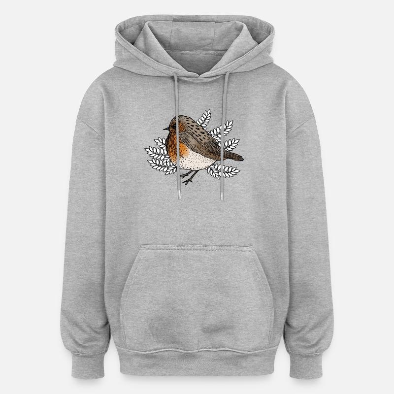 Rouges-gorges sur des branches - Sweat à capuche oversize unisexe - gris chiné