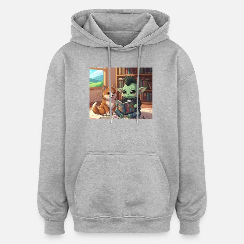 Mischender Kobold mit Hund im Bücherzimmer - Oversized Unisex Hoodie - Grau meliert