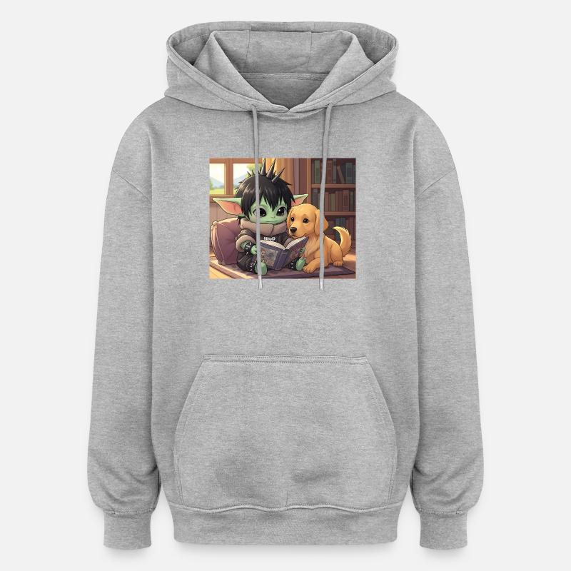 Kleiner Goblin mit Hund und Comic-Book - Oversized Unisex Hoodie - Grau meliert