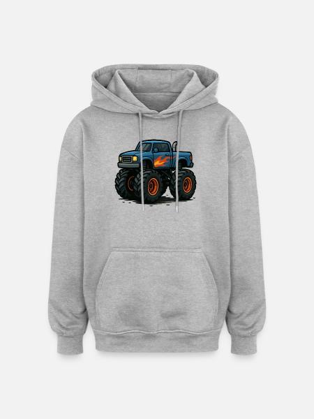 Flames Monster Truck Cartoon - Oversized Unisex Hoodie - heather grey