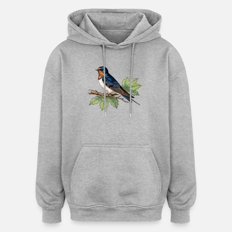 HIrondelle sur branche feuillée - Sweat à capuche oversize unisexe - gris chiné