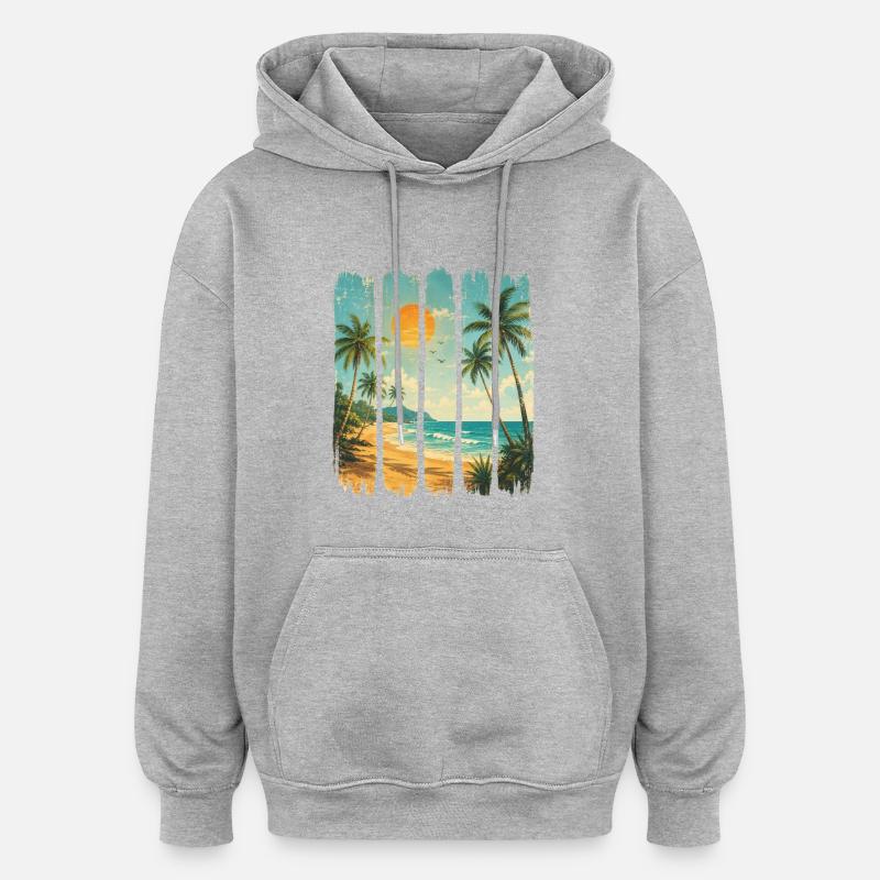 Vagues de Palmier Crépuscule - Sweat à capuche oversize unisexe - gris chiné