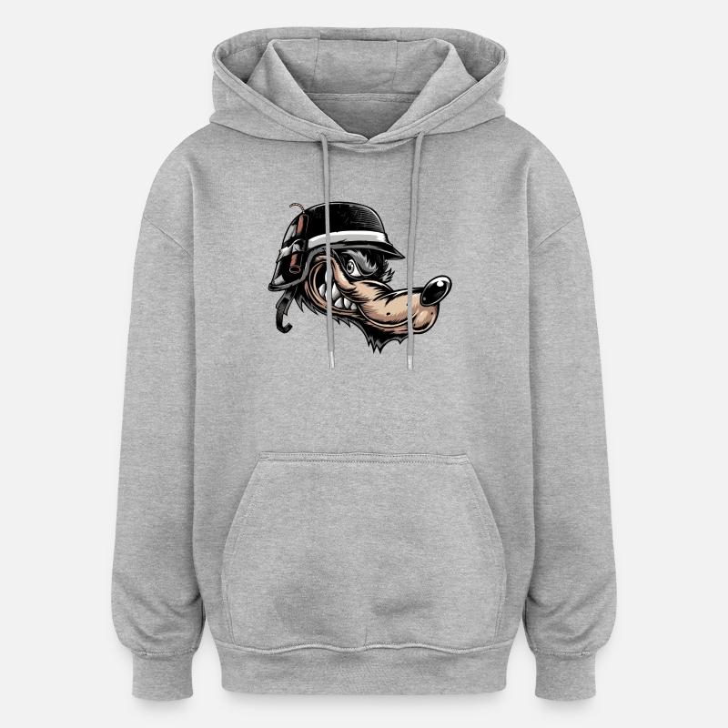 Grimmiger Comic-Wolf mit Helm - Oversized Unisex Hoodie - Grau meliert