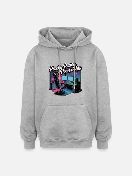 Pixels, Peace & Power-Ups – Gaming Setup - Oversized Unisex Hoodie - heather grey
