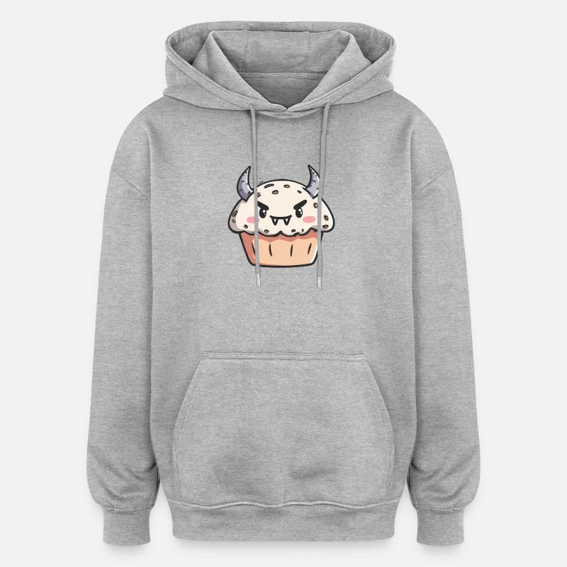 Illustration de cupcake monstre mignon - Sweat à capuche oversize unisexe - gris chiné