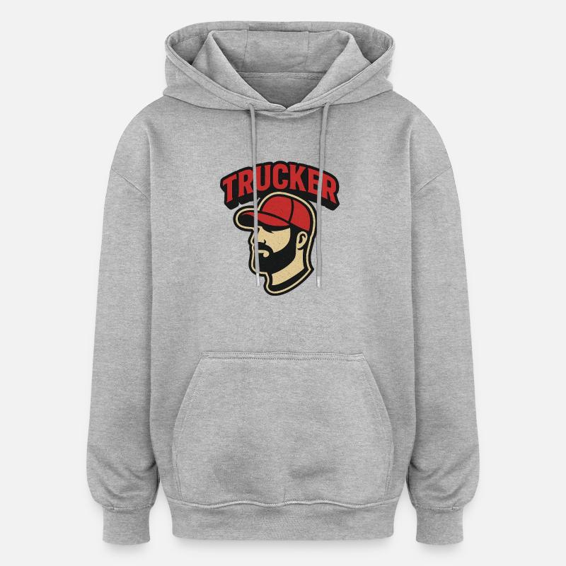 Trucker Kopf mit rotem Cap - Oversized Unisex Hoodie - Grau meliert